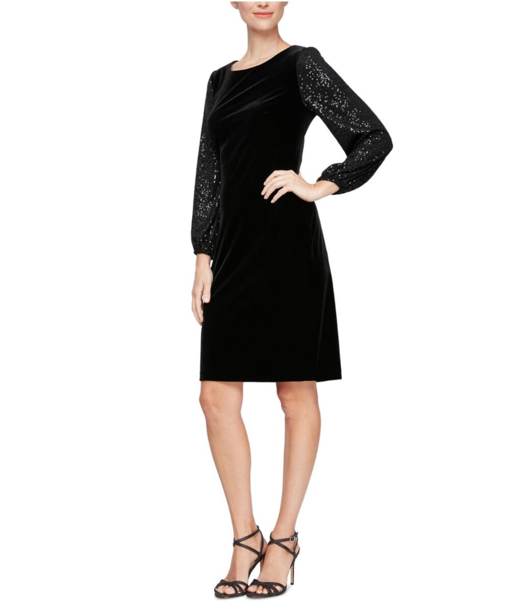 Alex Evenings Black Cocktail Dress Velvet Sequined Long Sleeve Sheath Size 14